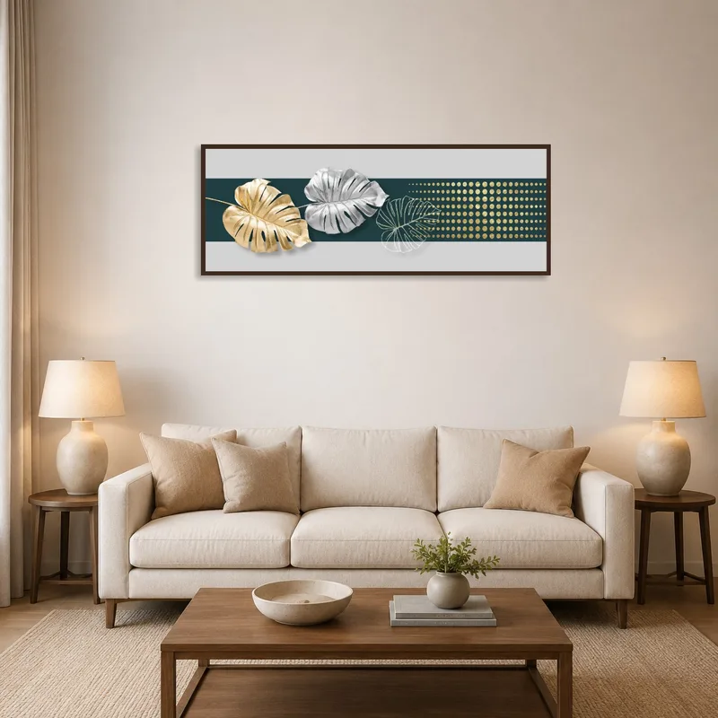 Metallic Monstera Leaves artwork in a modern living room with cozy seating.