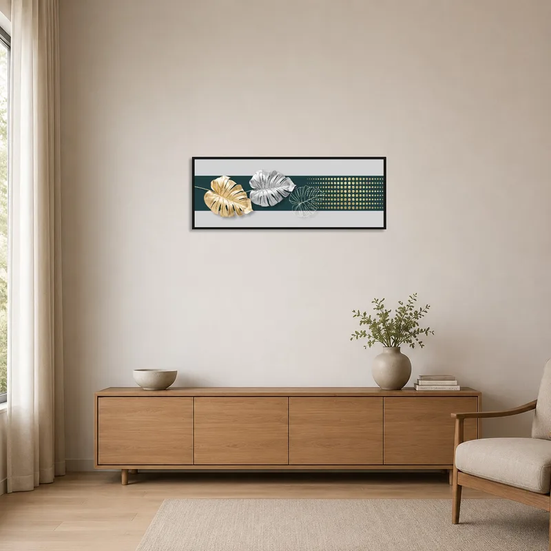 Metallic Monstera Leaves artwork accenting a minimalist room with clean lines.