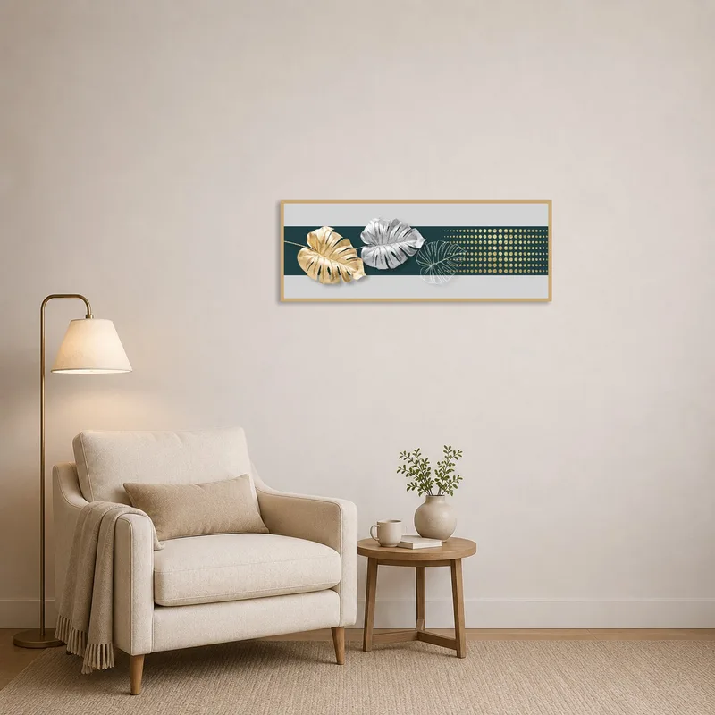 Metallic Monstera Leaves artwork creating interest in a cozy reading corner.