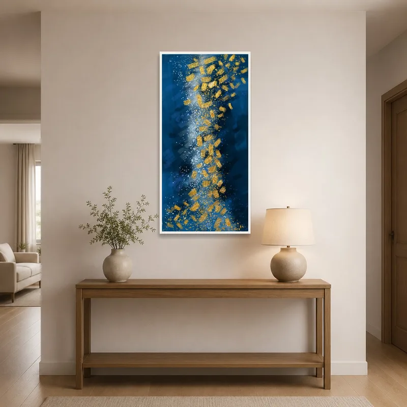 A striking art print welcomes guests in a chic, modern entrance hall.