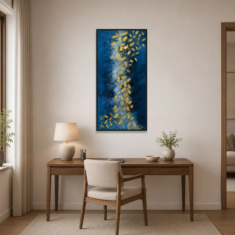 Dark abstract print enhances the focus and creativity in a sophisticated home office.