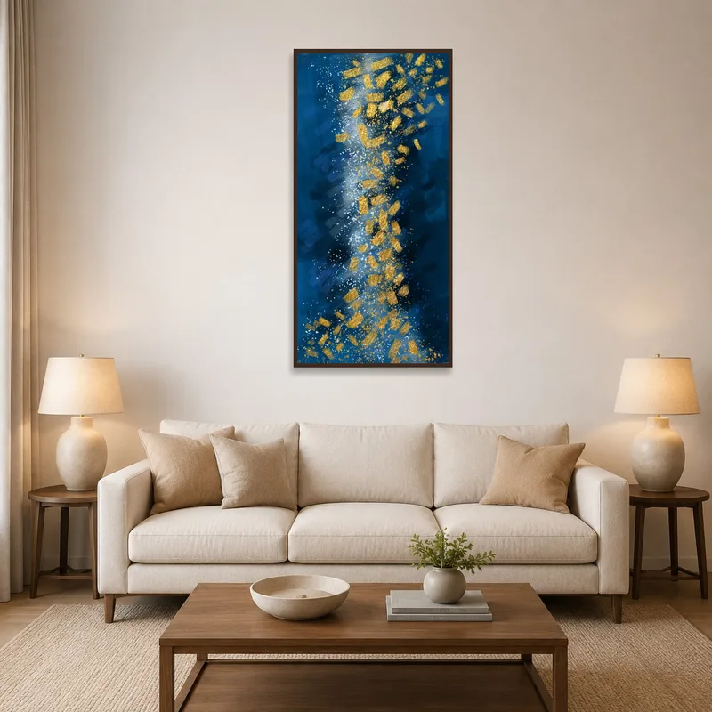 Abstract art print with cascading blues and blacks in a modern living room setting.