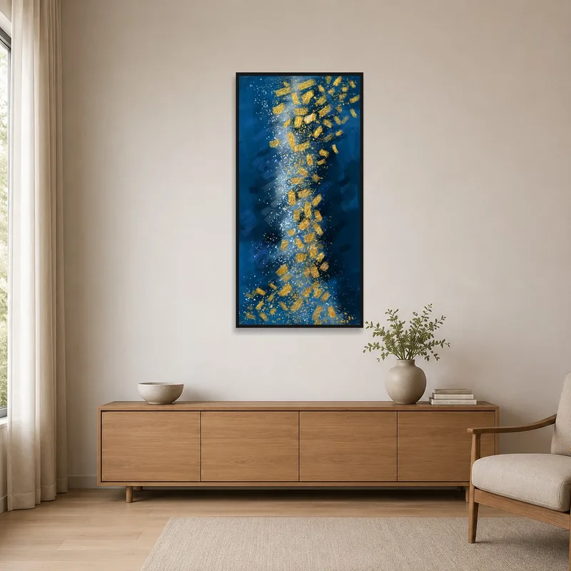 Sleek abstract piece with deep colors complementing a minimalist room's clean lines.