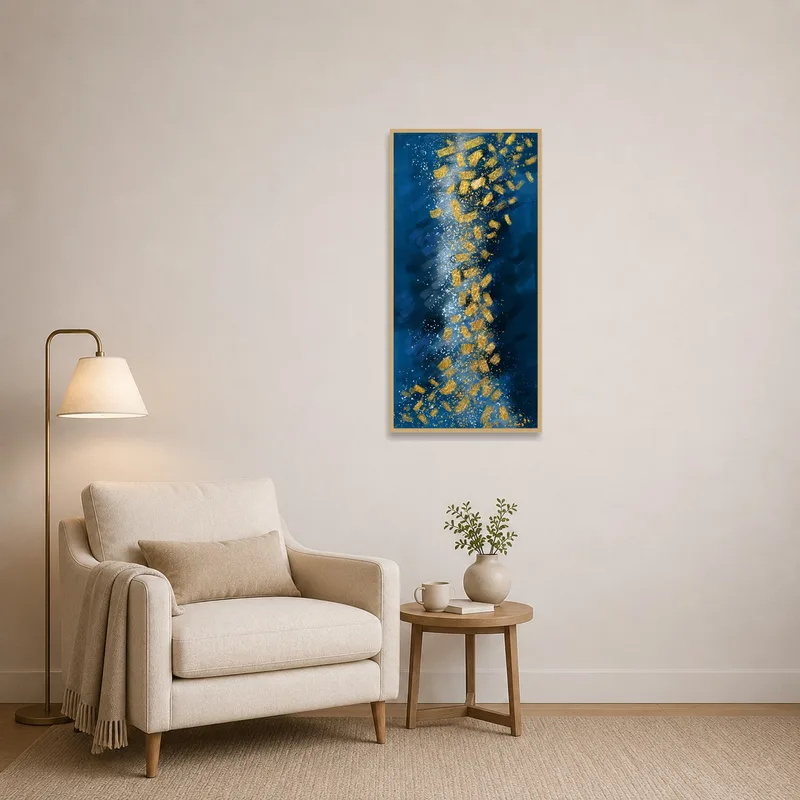 Serene abstract piece creates a calming atmosphere in a cozy reading corner.