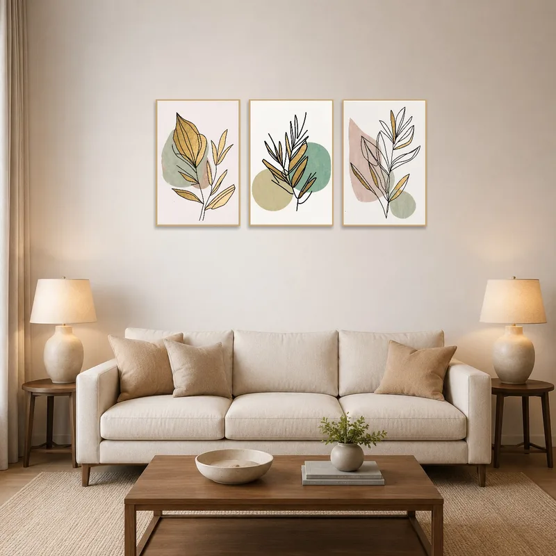 Botanical leaf art print set accentuates a modern living room wall.