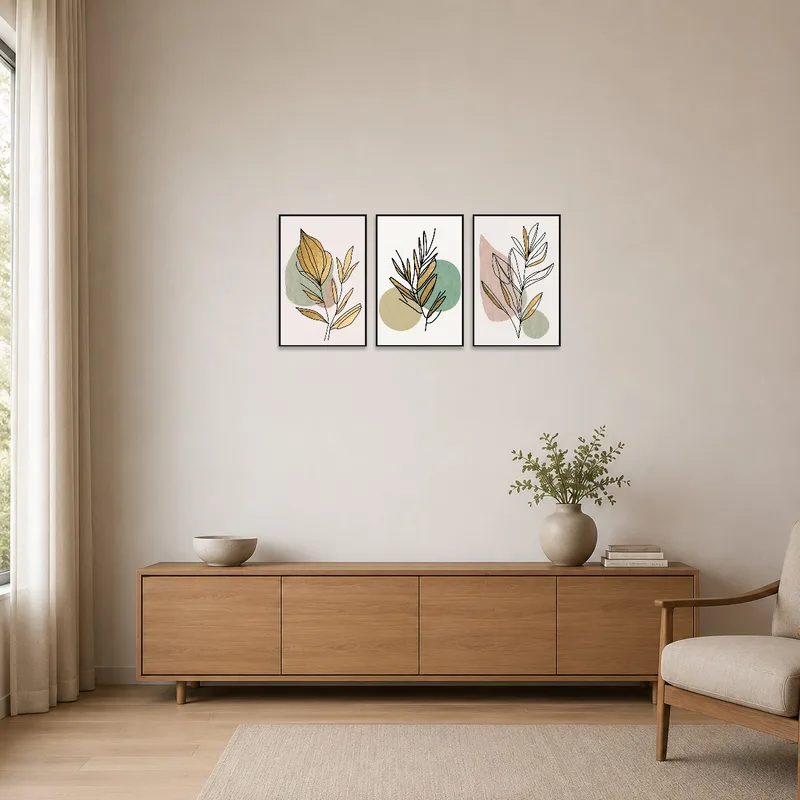 Simple leaf prints complement a minimalist room's serene vibe.