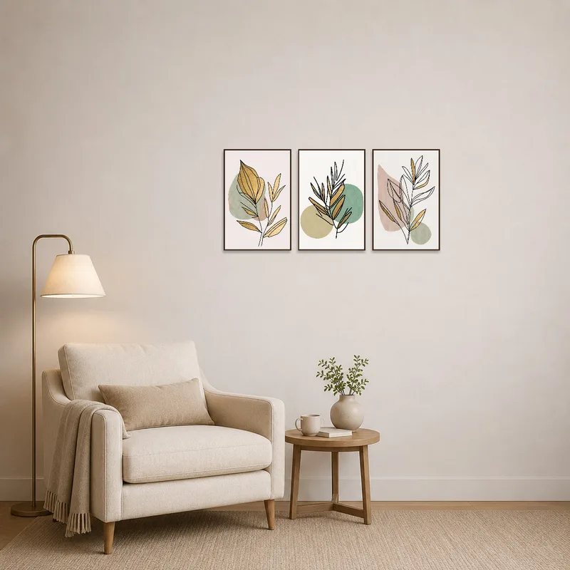 Botanical prints add a calming touch to a cozy reading corner.