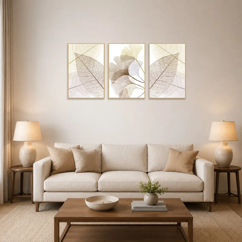 Triptych leaf art adding a calming touch to a contemporary living room wall.