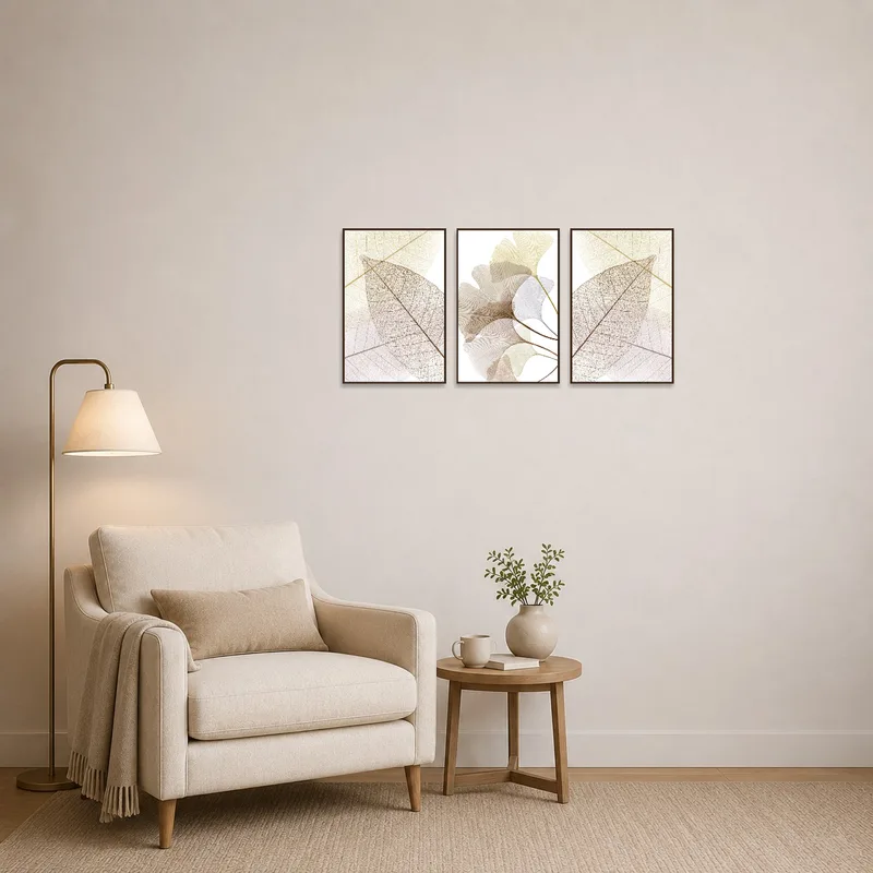 Botanical triptych enhancing the serenity of a cozy reading corner.
