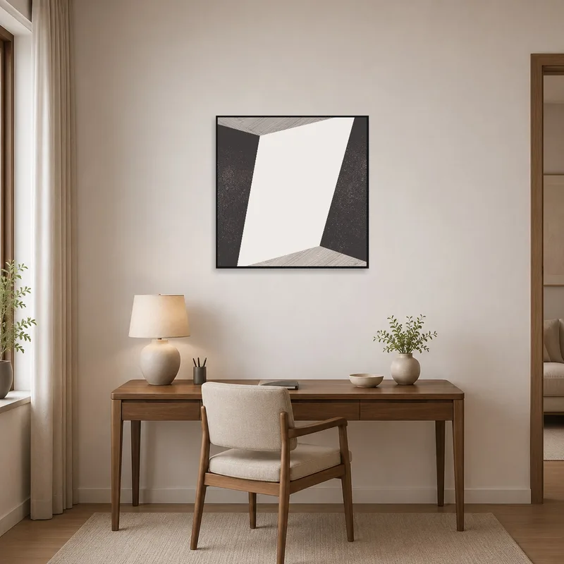 Geometric abstract print inspiring creativity in a home office.