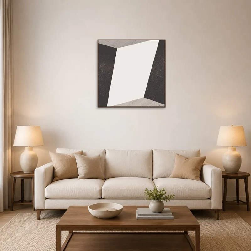 A minimalist geometric abstract print in a modern living room setting.