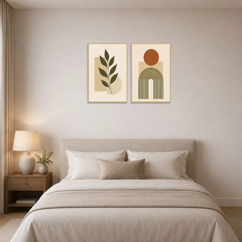Art set with geometric and botanical designs complementing a serene bedroom vibe.