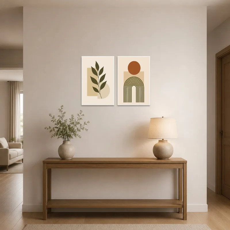 Botanical and geometric art set welcoming guests in a modern entrance hall.