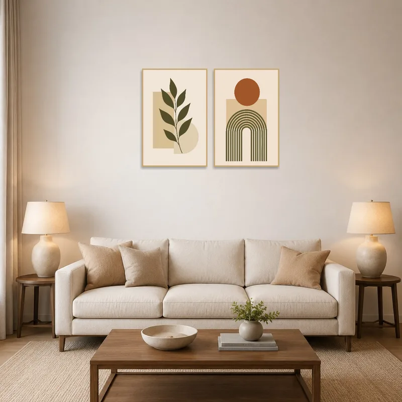 Minimalist geometric and botanical art set in a stylish living room above a modern sofa.