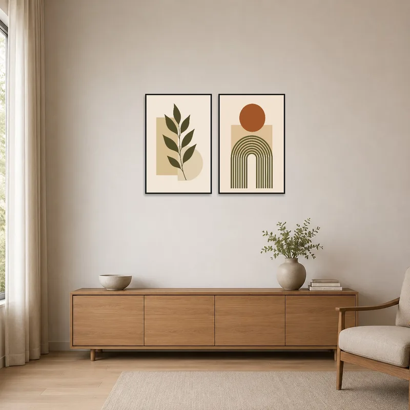 Simple geometric and botanical art set perfectly paired with a minimalist decor style.