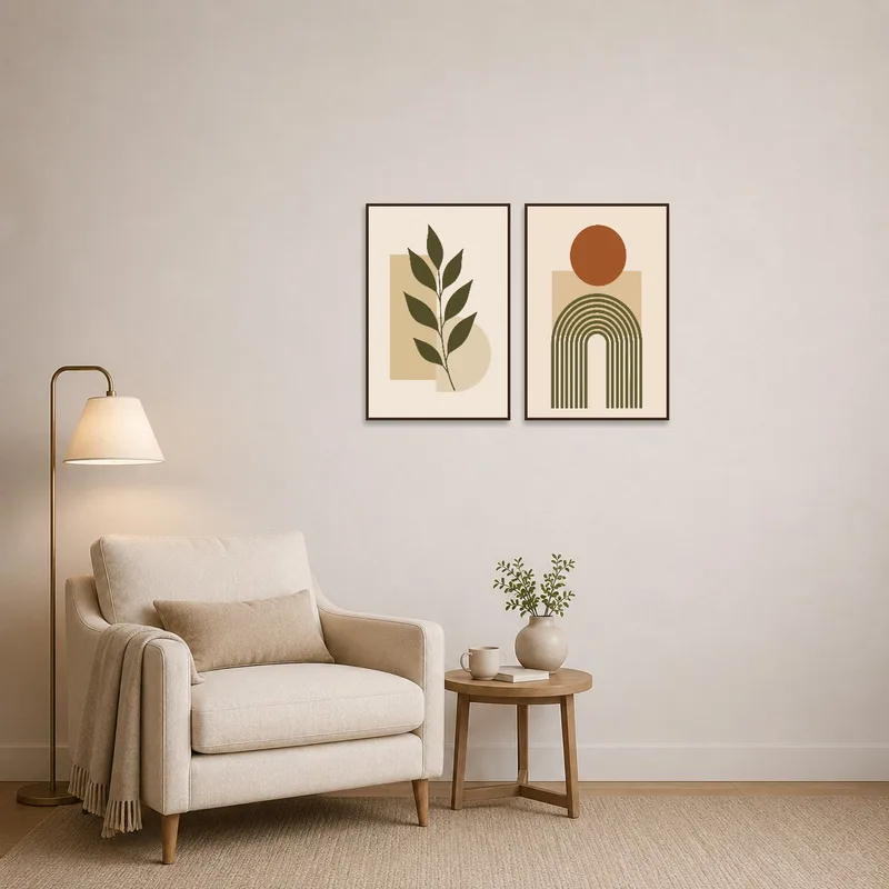 Geometric and botanical art set adding elegance to a cozy reading corner.