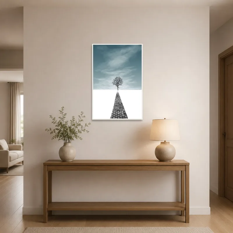 A welcoming tree and path print adorns the entrance hall wall.