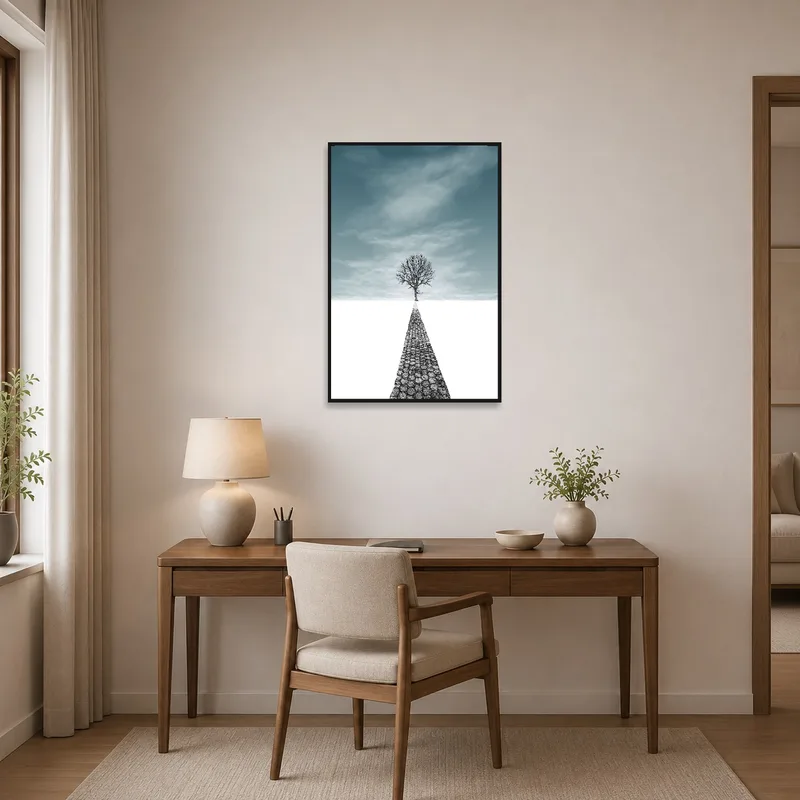 A tranquil tree and path landscape print is featured in a home office.