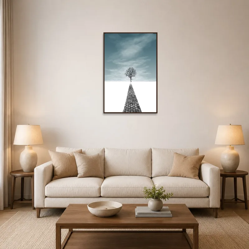 A serene tree and path landscape print hangs in a cozy living room.