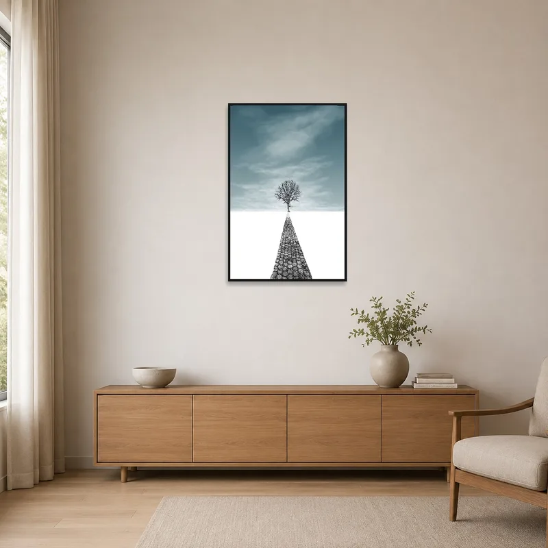 A simple tree and path landscape print complements a minimalist space.