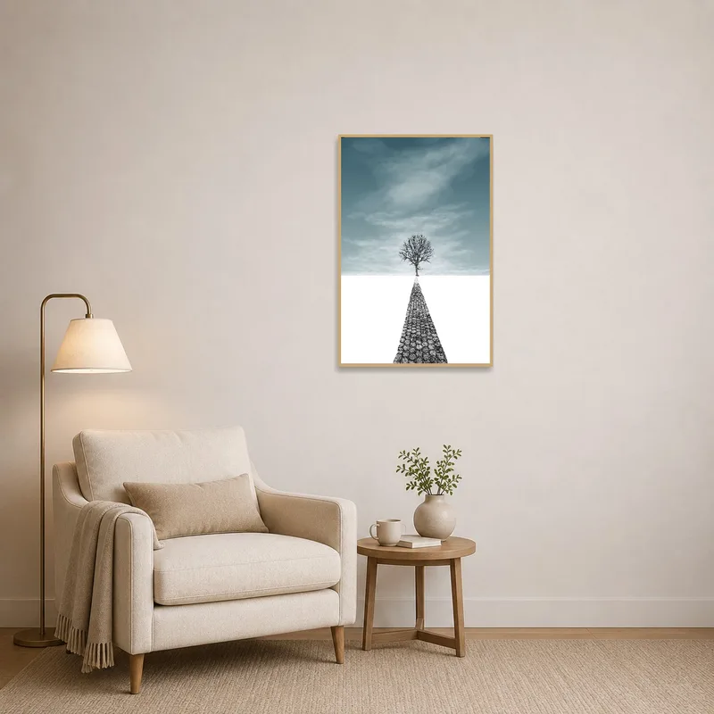 A calming tree and path landscape print enhances a reading corner.