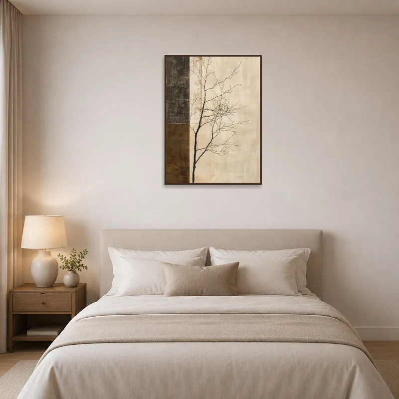 Earthy-toned tree silhouette adds tranquility to a restful bedroom environment.