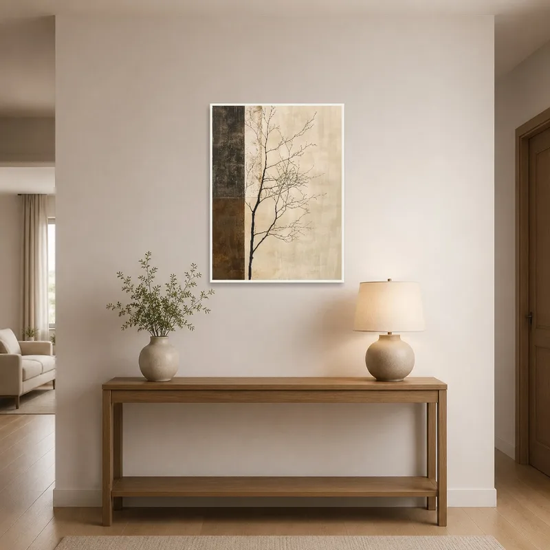 Tree silhouette piece welcomes visitors with earthy tones in a stylish entrance.