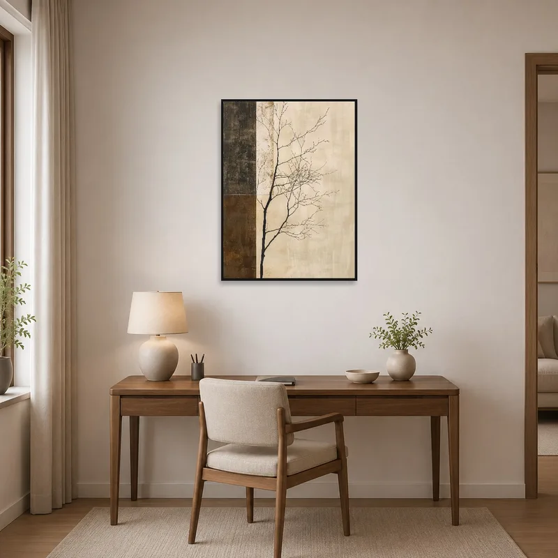 Elegant tree silhouette displayed next to a tidy desk in a contemporary home office.