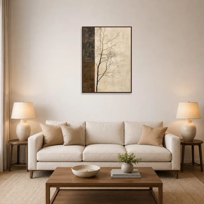 Minimalist tree silhouette on earthy tones hangs above a sleek modern sofa.