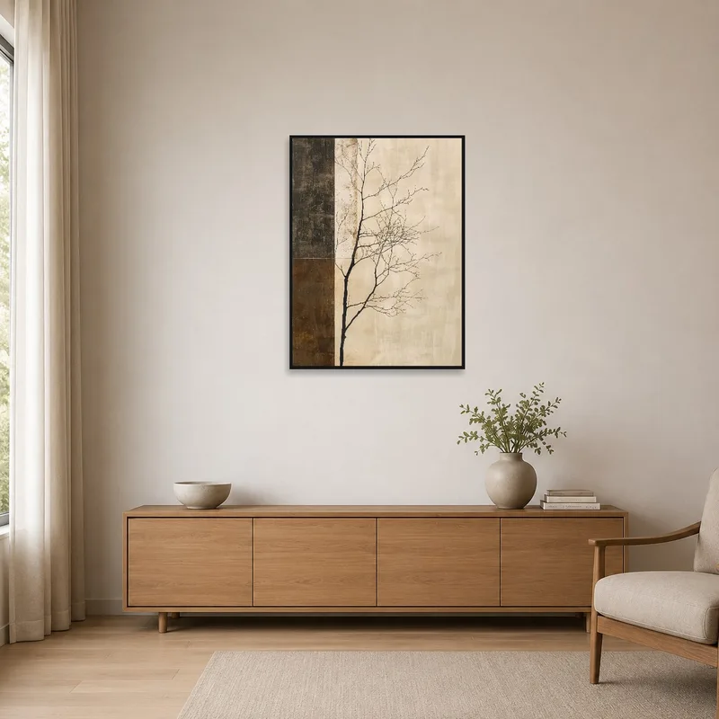 Simple tree silhouette with earthy tones complements a clean, uncluttered space.