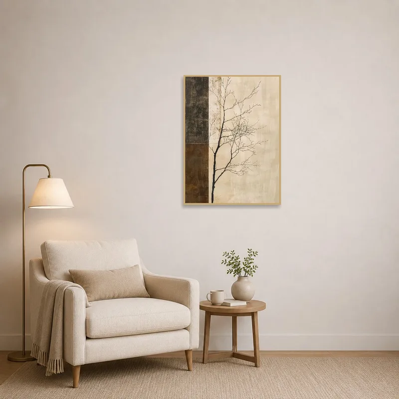 Tree silhouette art with earthy hues adds calmness to a cozy reading nook.