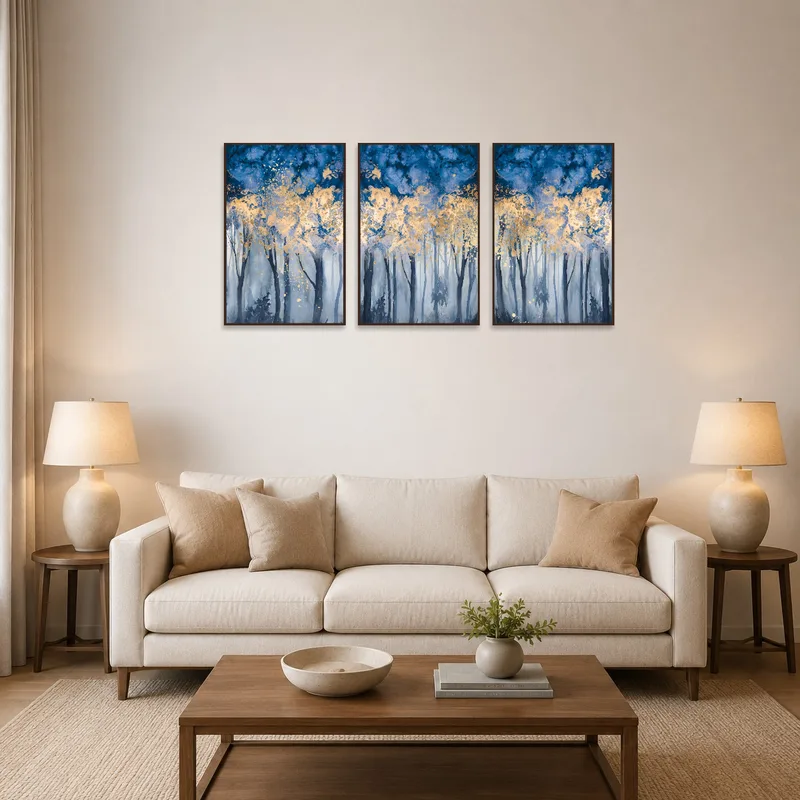 Misty blue forest triptych with gold accents displayed above a modern living room sofa.