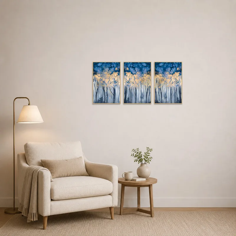 Blue forest triptych adorned with gold accents creates ambiance in a cozy reading corner.