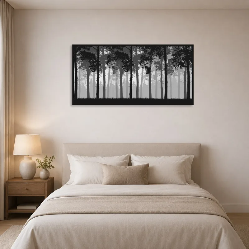 Misty forest print enhances the peaceful atmosphere of the bedroom.