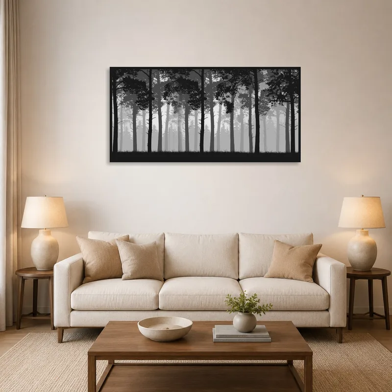 Misty forest silhouette hangs on a living room wall, adding a soothing touch to the space.