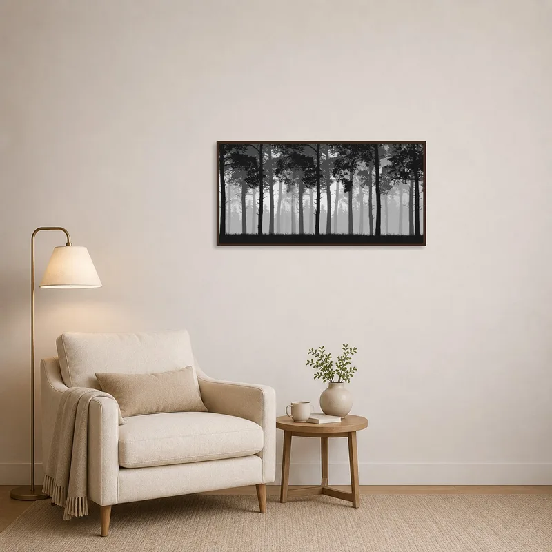 Grayscale forest art brings a calm ambiance to the cozy reading corner.