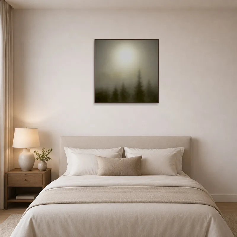 Misty forest sunrise art print in a bedroom, adding a touch of peaceful beauty.