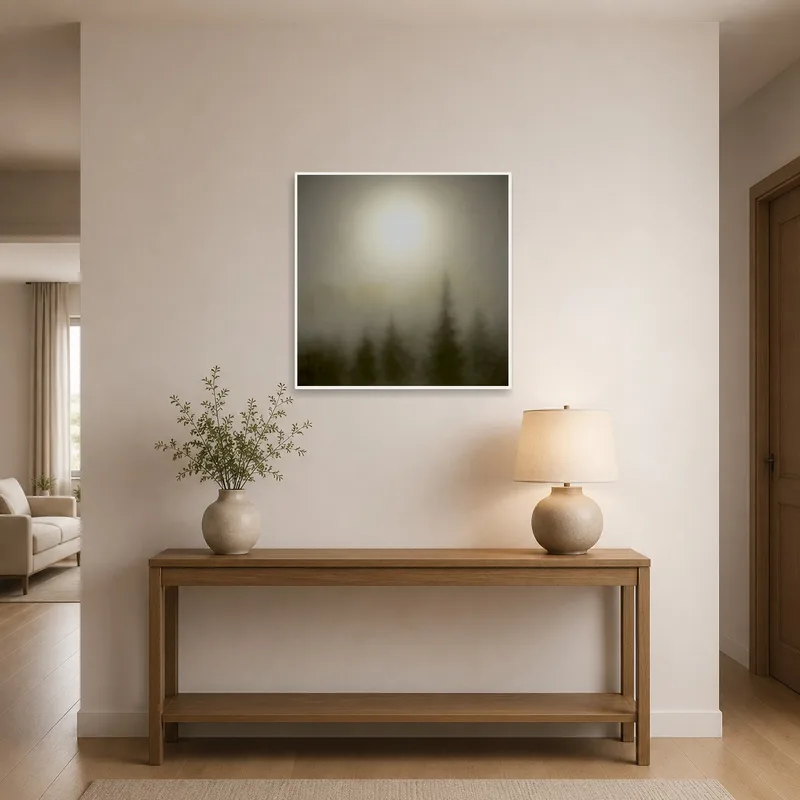 Misty forest sunrise art print in an entrance hall, inviting a serene welcome.