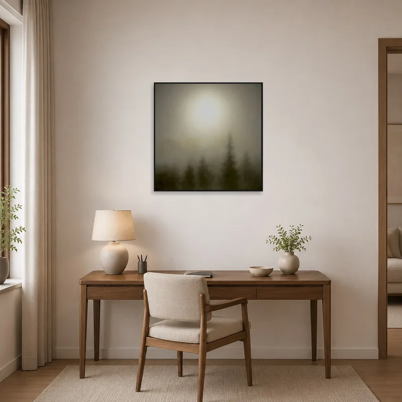 Misty forest sunrise art print in a home office, inspiring tranquility and focus.