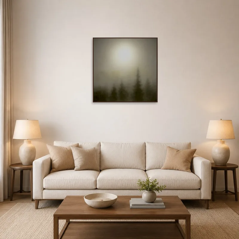 Misty forest sunrise art print on a living room wall, creating a tranquil atmosphere.