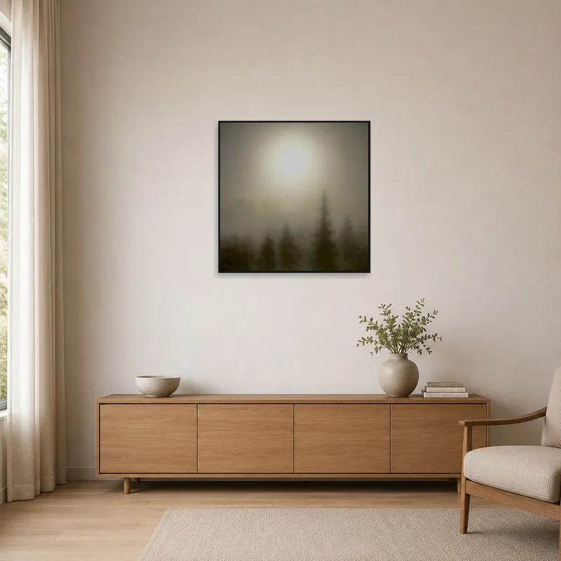 Misty forest sunrise art print in a minimalist room, complementing clean lines and neutral tones.