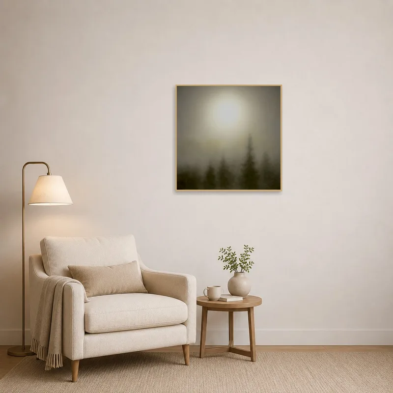 Misty forest sunrise art print in a reading corner, enhancing a cozy and calming vibe.
