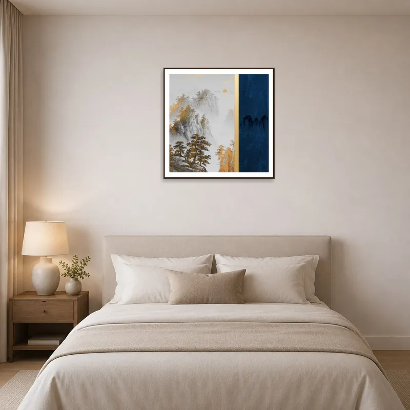 A calming bedroom display of misty mountains with subtle golden accents.