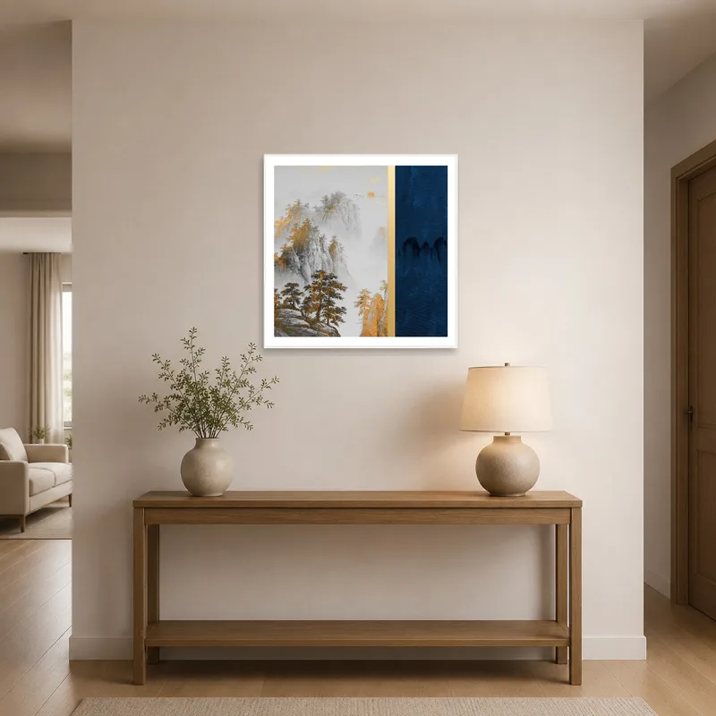 An inviting entrance hall featuring misty mountains with touches of gold.