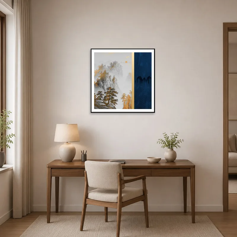 Misty mountains with golden highlights enhancing a productive home office.