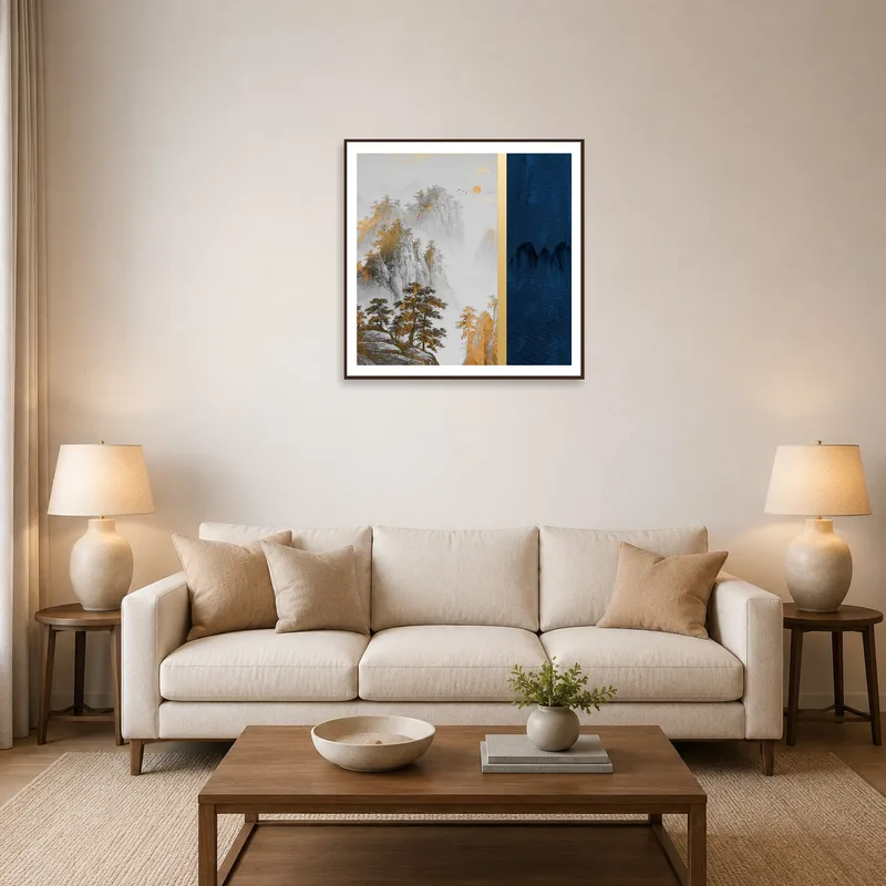 A serene misty mountain artwork with golden accents displayed in a cozy living room.