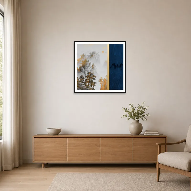 A misty mountain piece with golden accents adding a gentle touch to a minimalist space.