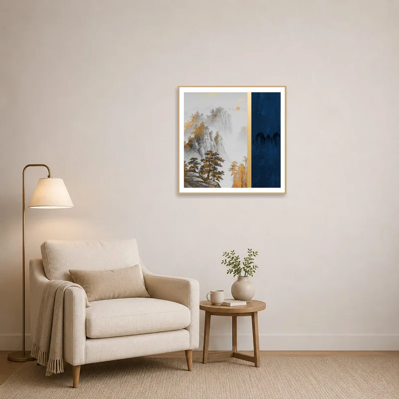 A tranquil reading corner showcasing serene misty mountains accented in gold.