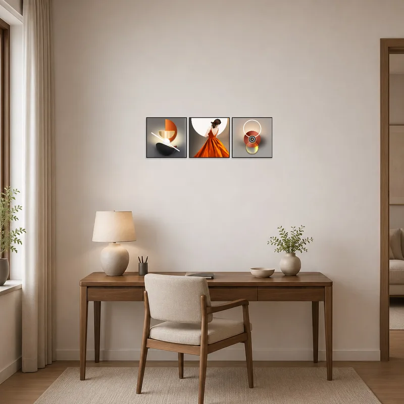 Home office enlivened by a bold triptych art set behind the desk.