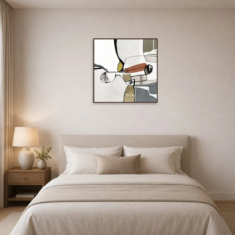 Modern abstract cubist wall art creating a focal point in the bedroom.